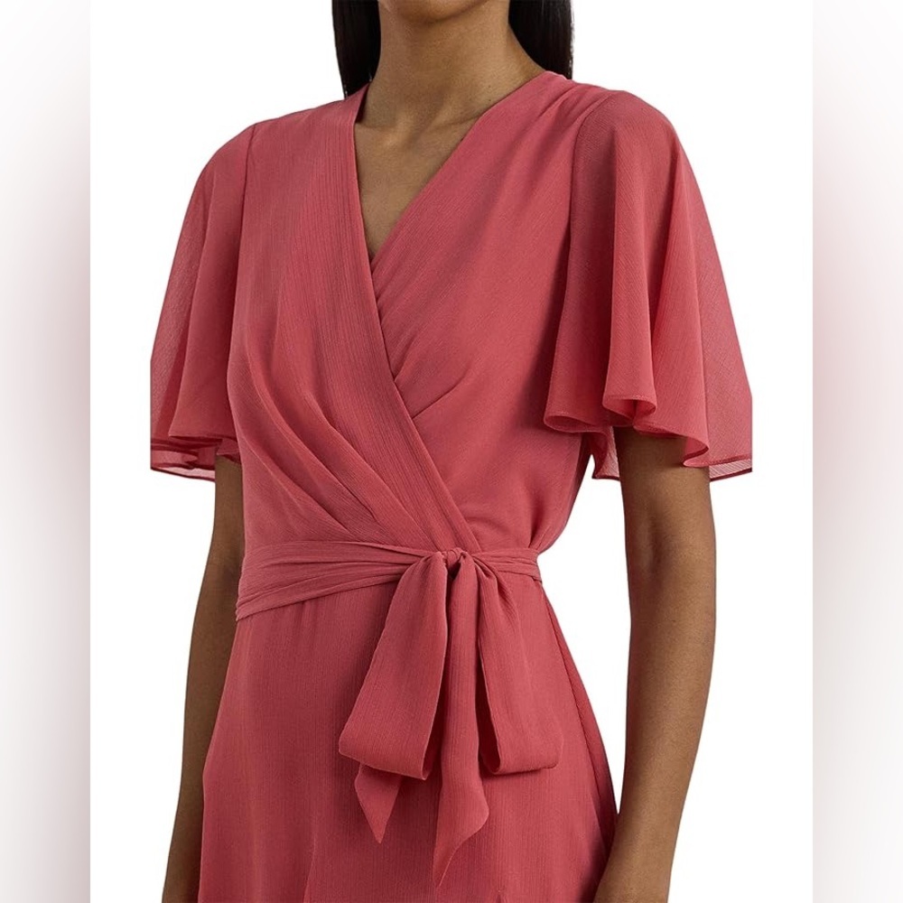 Ralph Lauren Rose Crinkle Georgette Surplice Dress (Size 12) - Picture 2 of 11
